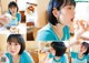 A collage of photos of a woman eating a bowl of food.