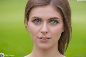 A woman with blue eyes is looking at the camera.